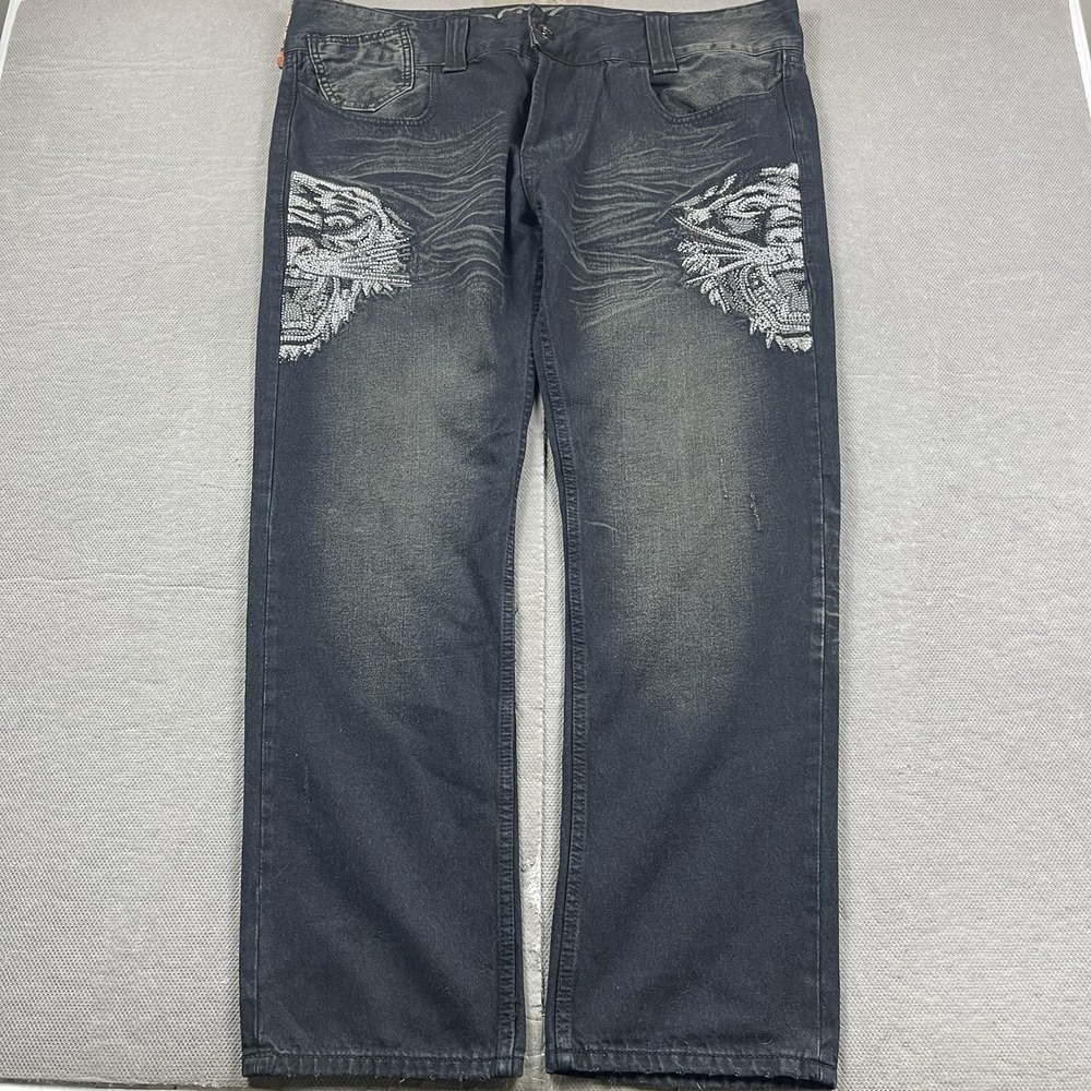 Vintage Ed Hardy Jeans 42x34 Black Tiger Death or Glory Rhinestone‎ Relaxed Fit